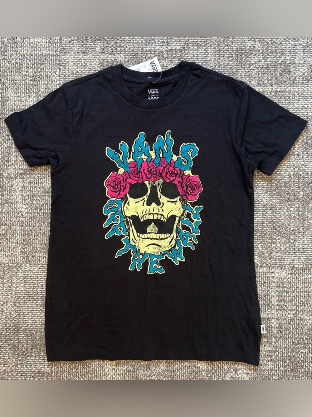 Vans Black Short-Sleeve Tee with Yellow Skull, Pink Roses and Teal Accents